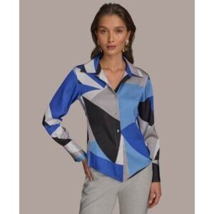 Donna Karan New York Women's V-Hem Collared Blouse Geometric Cielo Sz XS NWT